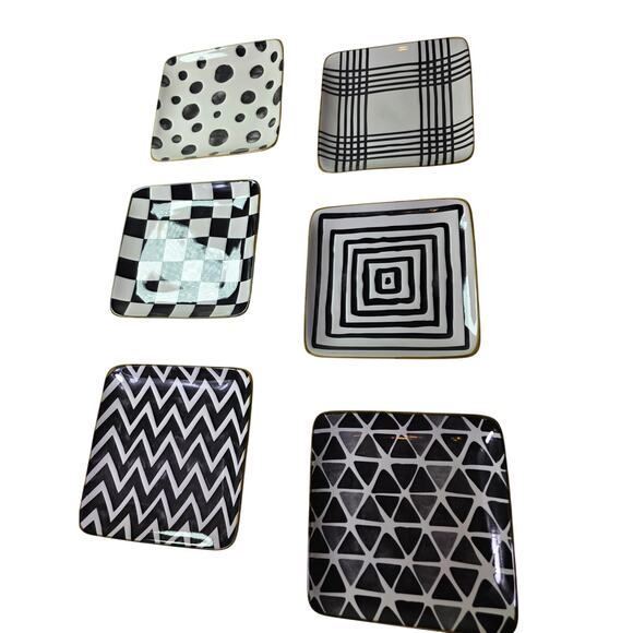 OVER AND BACK Black White Whimsy Appetizer Dessert Ceramic Square Plate Set of 6 - Picture 1 of 7